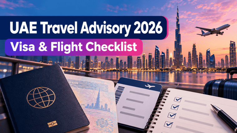 UAE travel advisory 2026 featuring a passport, boarding pass, Dubai skyline and visa checklist.