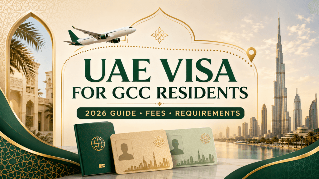 UAE Visa for GCC Residents & Dubai Visa: Easy 2026 Guide 1 UAE Visa for GCC Residents 2026 guide with Dubai skyline and GCC residence cards