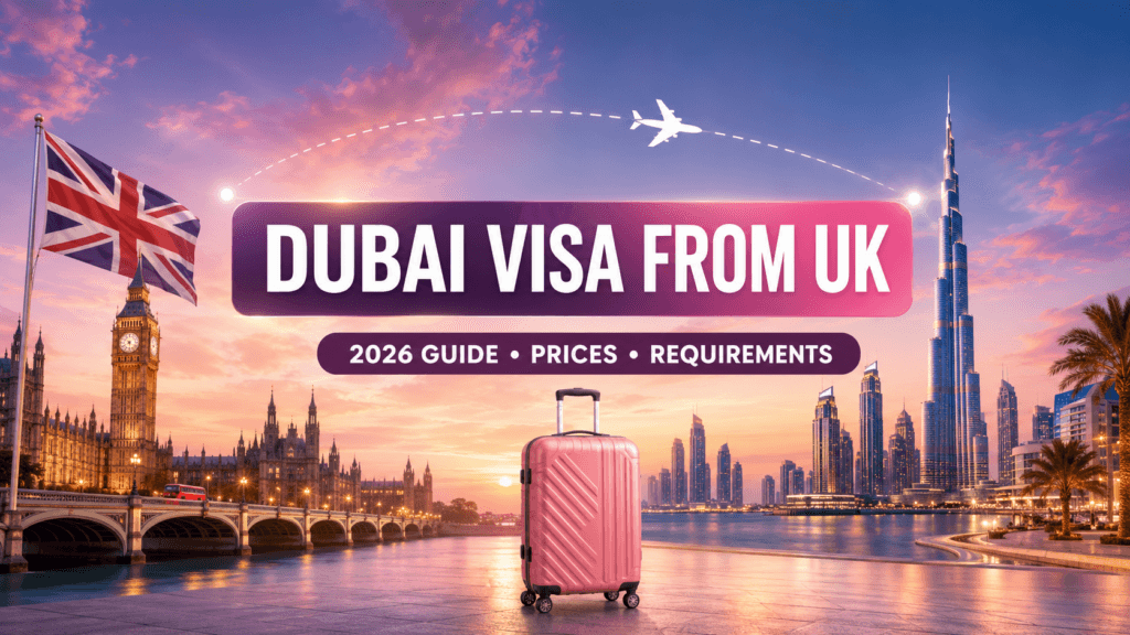 Dubai Visa from UK 2026 – Easy, Complete Guide & Prices 1 Dubai Visa from UK 2026 guide with London and Dubai skylines